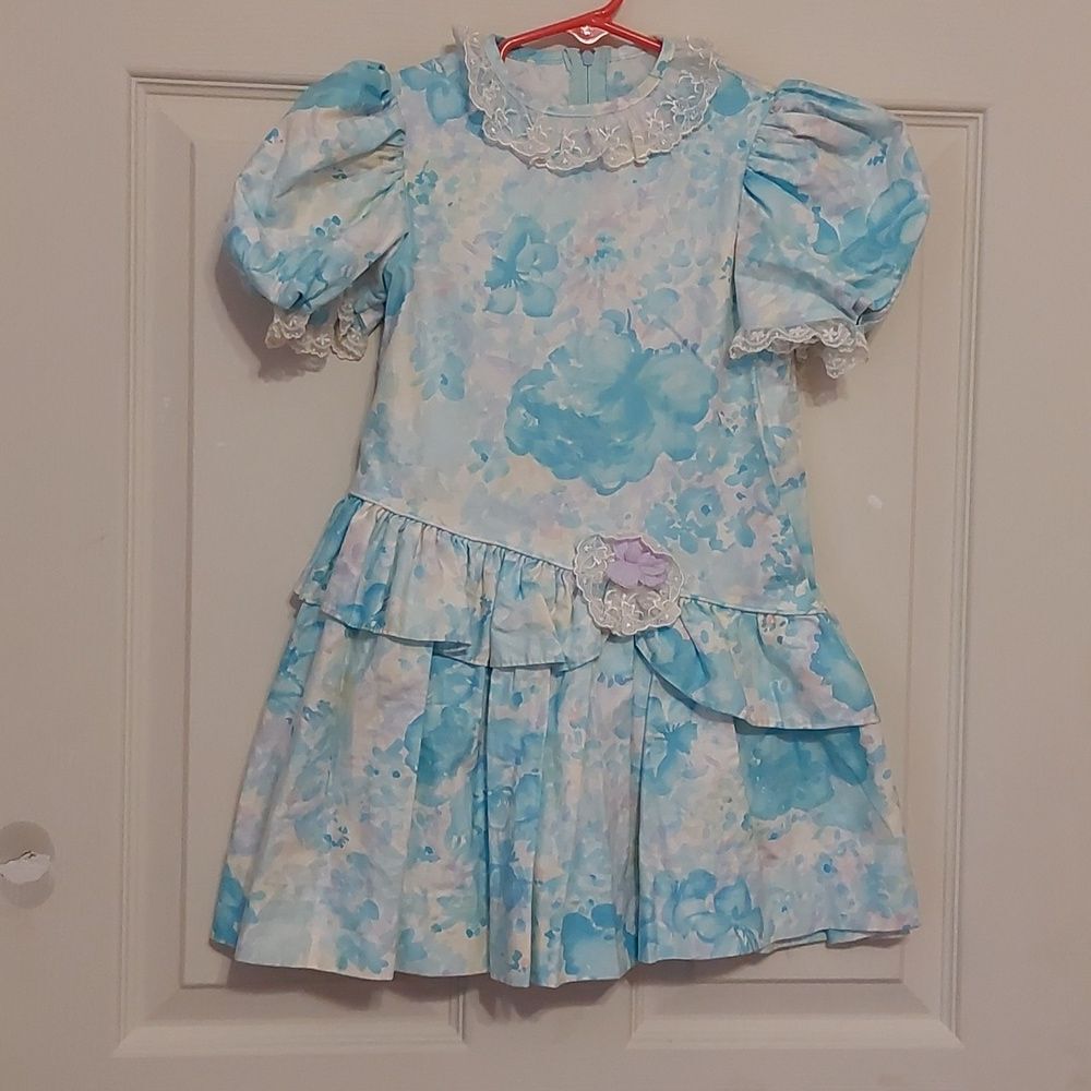 Vintage Ruth of Carolina Cotton Dress Size 4 Floral Print Lace Collar Tiered